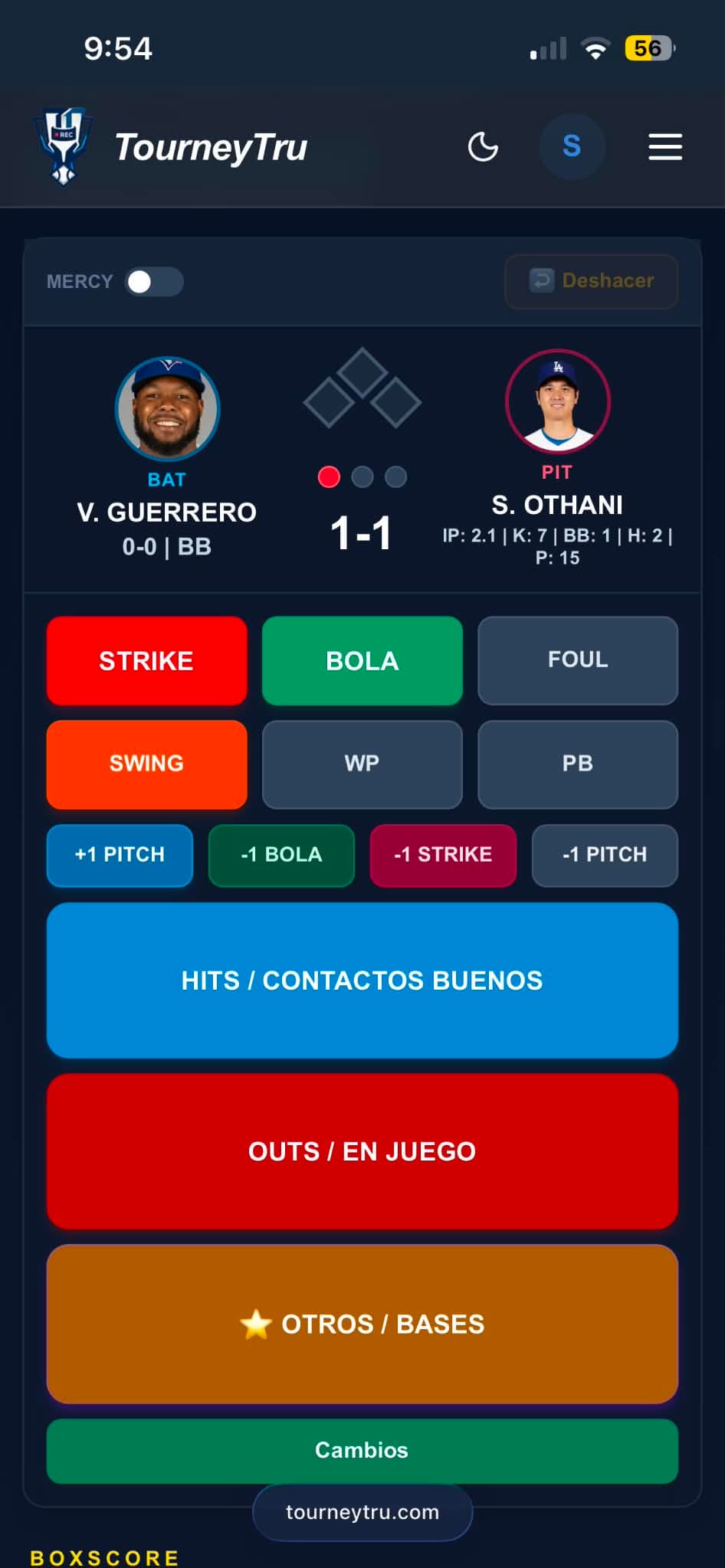 Vista movil de TourneyTru control